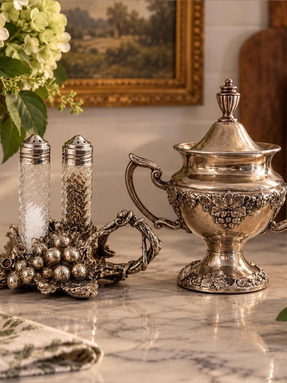 Vintage Silver Plate Lidded Sugar Bowl with Handles # 2902 and Salt and Pepper